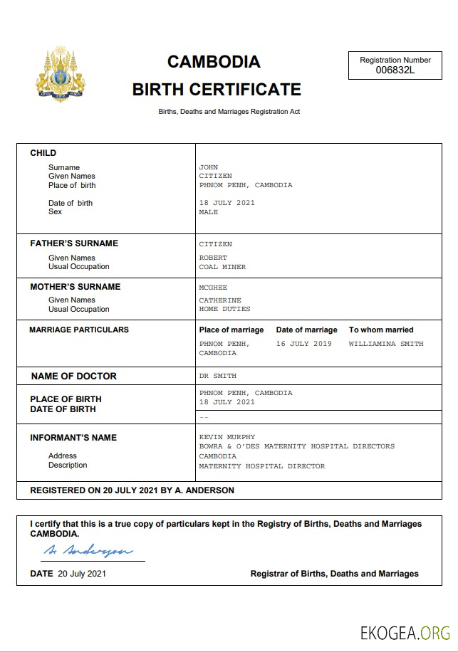 Modèle Word et PDF d'acte de naissance au Cambodge
